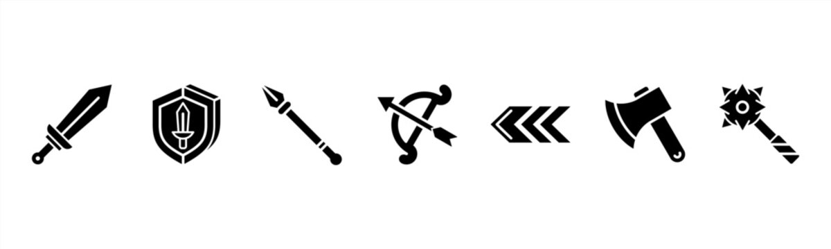 Medieval Weapons set with Sword, Shield, Spear, Bow, Arrow, Axe, and Mace for history and combat visuals.