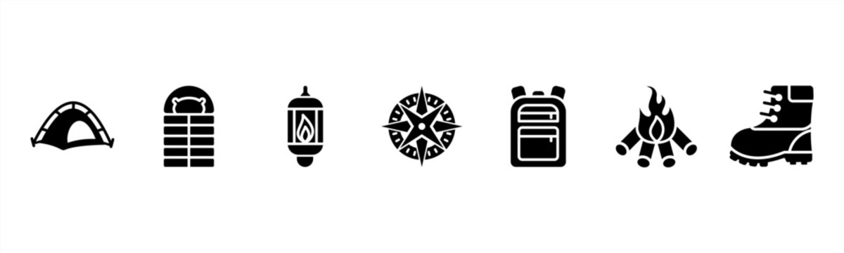 Camping Gear set featuring Tent, Sleeping Bag, Lantern, Compass, Backpack, Campfire, Hiking Boots for outdoor adventure visuals.