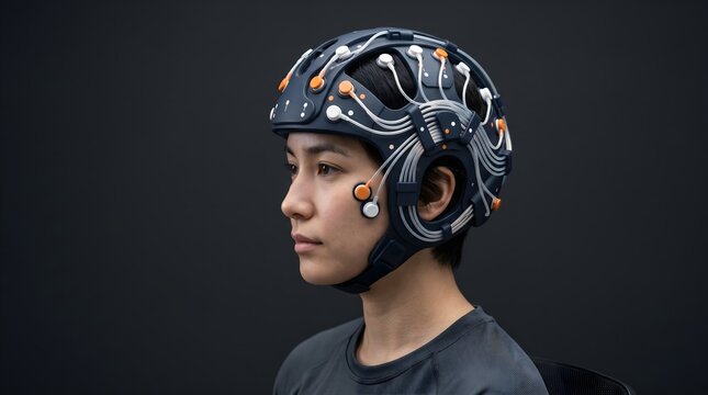 Asian woman wearing a futuristic neural interface helmet with sensors for brain research in a medical science technology abstract concept