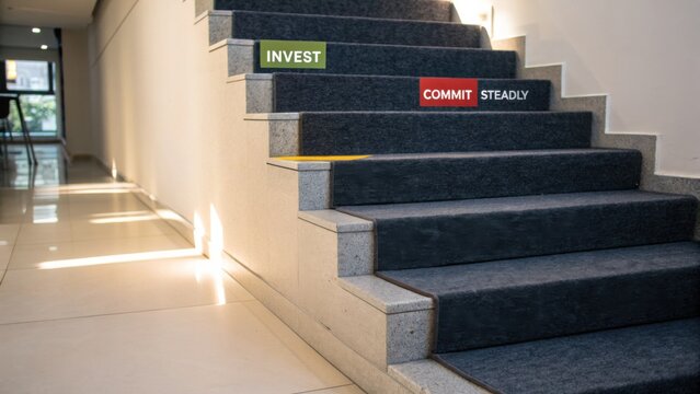 Thoughtful Steps: Invest, Commit, and Steadily Progress in a Modern Staircase Setting for Personal Growth and Development