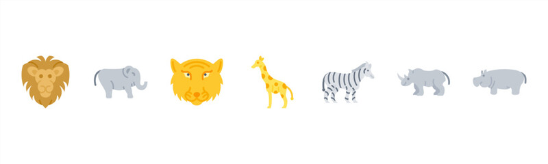 Wild Animals set with Lion, Elephant, Tiger, Giraffe, Zebra, Rhino, and Hippo for safari and wildlife visuals. © Dewi Sari