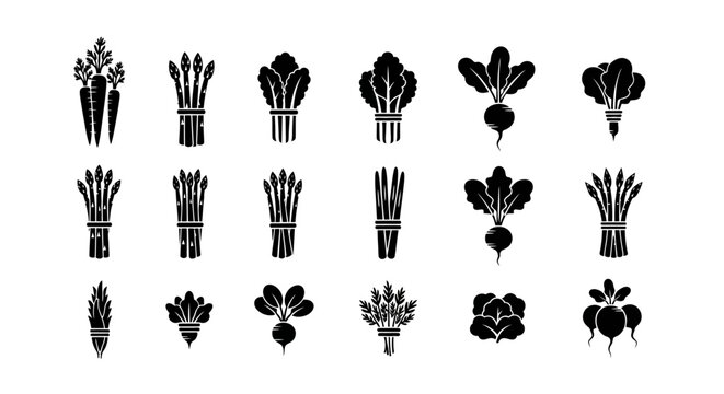 Vegetable icons including carrots beets asparagus and leafy greens in black silhouette on white background