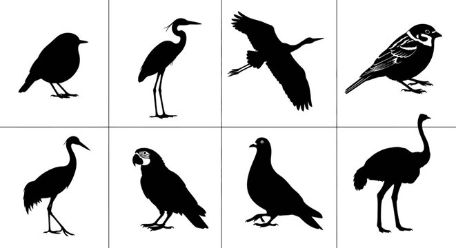 Silhouettes of various birds in different poses and species on white background