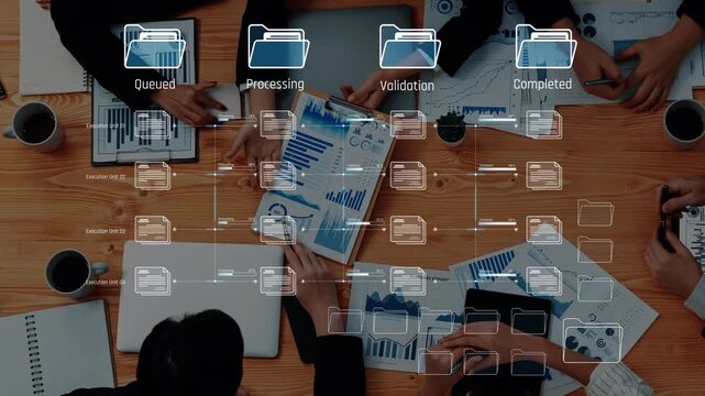 A dynamic business meeting scene showing professionals collaborating on data analysis. Charts and workflows displayed on a wooden table enhance project management efforts. Raster