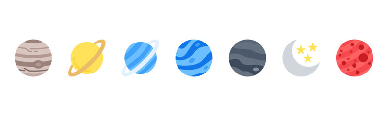 Outer Planets set featuring Jupiter, Saturn, Uranus, Neptune, Pluto, Moon, Mars for astronomy visuals. © Dewi Sari