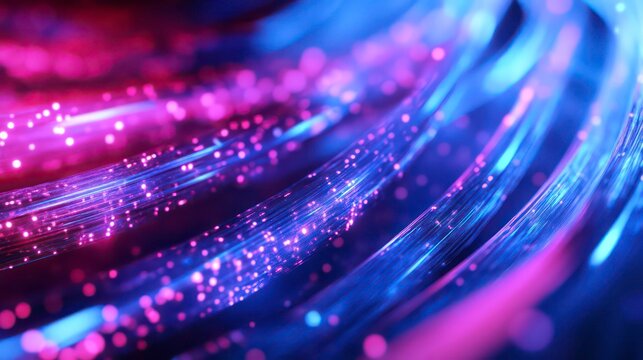 Abstract glowing lines in pink and blue colors with bokeh effect on a dark background.
