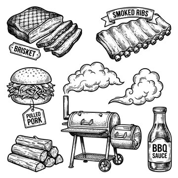 Smoked Barbecue Food Doodle Set Black and White Vector