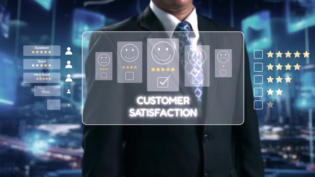 A businessman stands in front of a digital feedback interface, evaluating customer satisfaction metrics. The modern office setting highlights the importance of data in business decisions. Qubit