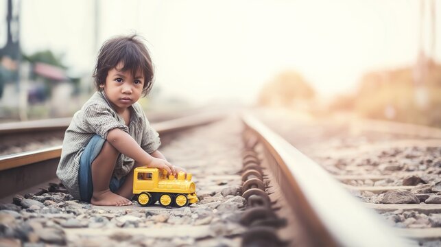 Young child playing with toy train on railway tracks, looking toward camera, embodying future and journey