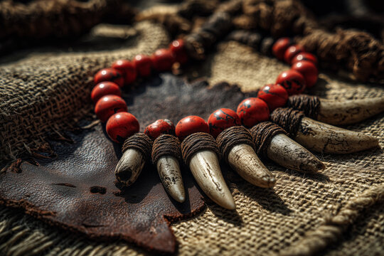 Authentic Native American necklace with bone claws and red coral beads on a rustic leather and burlap background. Close up of tribal ethnic jewelry with weathered textures