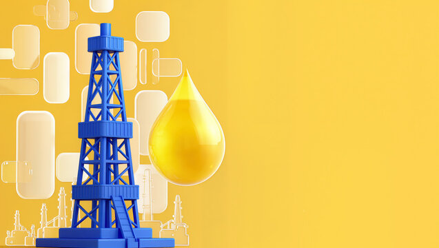 Energy industry investment with oil rig tower and golden drop for petroleum production, drilling project, fuel market report and resource planning.