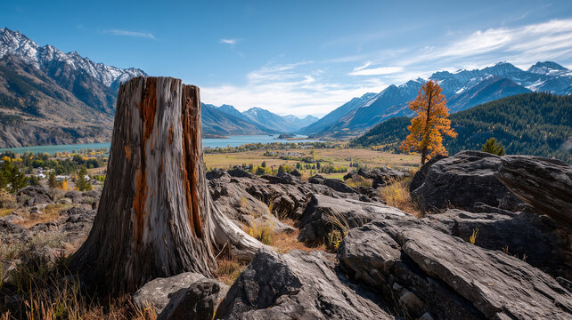 A vertical outdoor landscape captured with a shallow depth of field. a large, weathered tree stump with distinct wood grain in shades of brown. Ai generated
