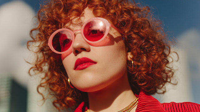 A vibrant close up of a woman from the chest up, featuring her prominent curly ginger hair and bold red lipstick. Ai generated