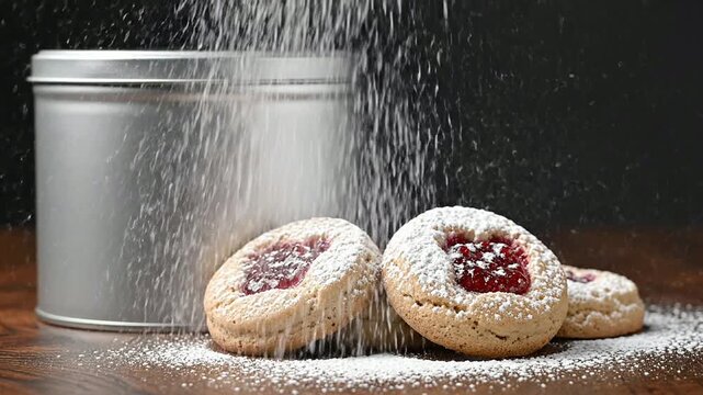 Sifting Powdered Sugar Over Jam-Filled Cookies Beside A Tin On Rustic Wooden Table In A Cozy Baking Scene
