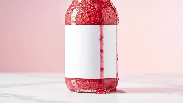 Sparkling Raspberry Drink In A Glass Bottle With Blank Label, Fresh Refreshing Beverage Against Soft Pink Background