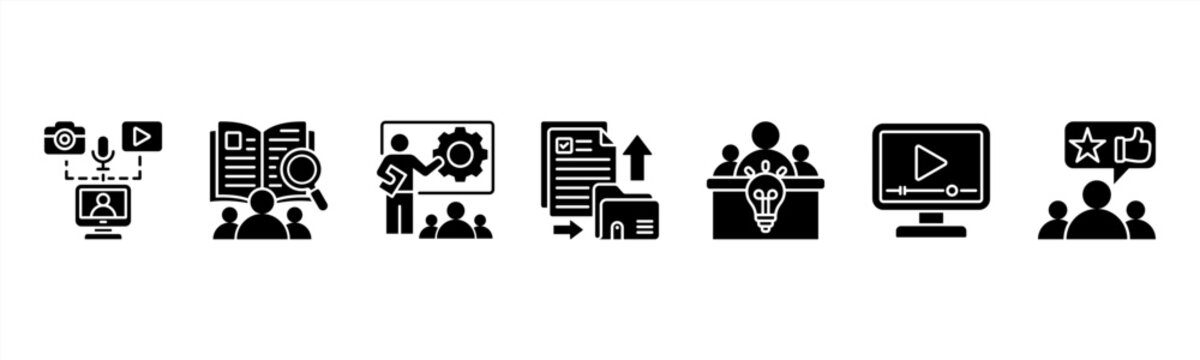Knowledge Sharing Management icon set includes Content Creation, Internal Wiki, Training Sessions, Document Sharing, Expert Panels, Video Tutorials, and Feedback for enhanced learning.