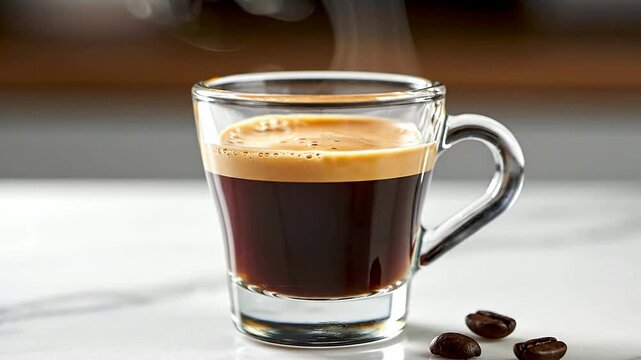 Steaming Espresso Coffee in Clear Glass Cup with Crema and Coffee Beans on Marble Countertop, Kitchen Background