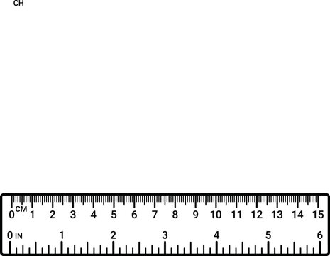 Black and white vector line art illustration of a ruler measuring tool, featuring both fifteen centimeters and six inches scale markings, isolated on white