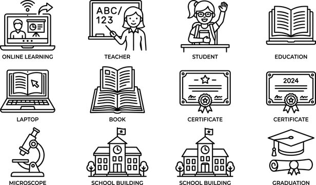 Education, school, and online learning vector icon set, featuring teacher, student, book, laptop, diploma certificate, microscope, school building, and graduation cap on white background.