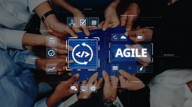 A vibrant scene showcasing teamwork and collaboration among diverse individuals, emphasizing the principles of agile methodology in a digital transformation context. Raster