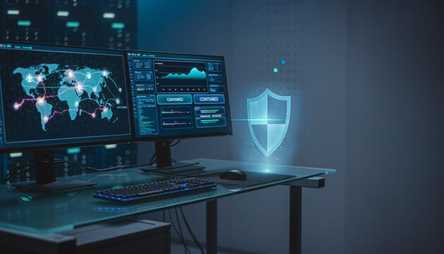 Modern cybersecurity control room with glowing digital shield icon, symbolizing advanced data protection, proactive threat detection, and intelligent network defense against cyber threats
