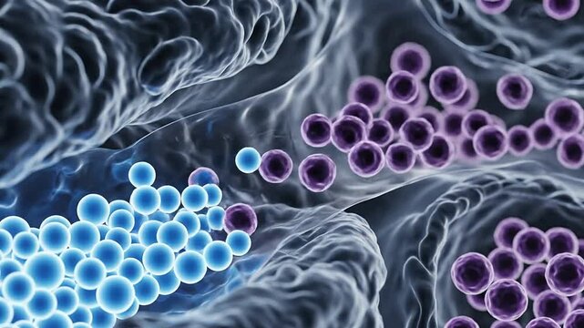 Stunning Close-Up Digital Illustration of Flowing Blue and Purple Molecules Through Textured Cellular Structures for Biotechnology and Medical Research Concepts