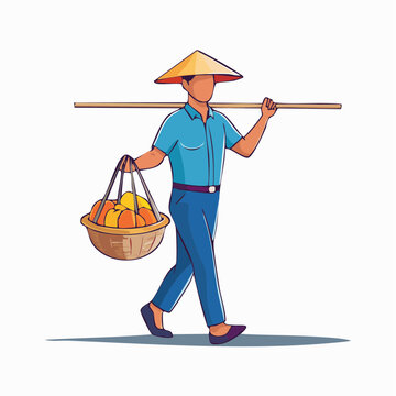 Street Vendor Carrying Fruit Basket on Shoulder Pole