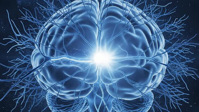 Stylized Digital Representation of Human Brain with Neural Connections and Glowing Synapses Against Cosmic Background