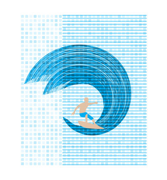 t-shirt print design, illustration of man surfing sea beach t-shirt design. abstract white blue color graphic design for apparel clothing . transparent PNG light and dark color background.
