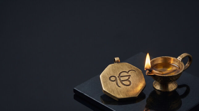 Minimalist religious backdrop with ancient geometric Ik Onkar sign and burning flame on glossy slate