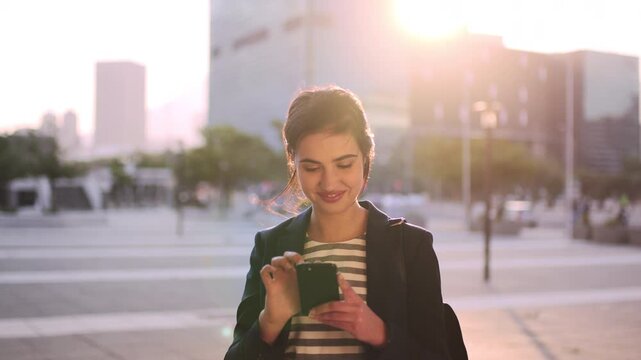 Search, reading and woman with phone in city, digital map and navigation app for apartment location. Online directions, destination finder and realtor with mobile for travel assistance, town or smile