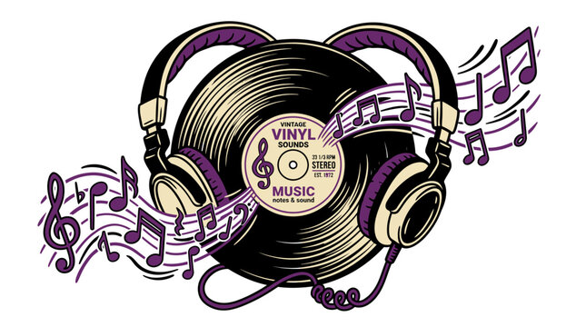 Vinyl record with headphones and music notes.
