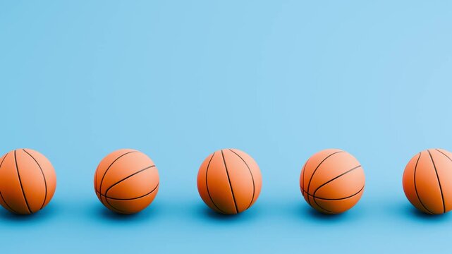 Seamless 3D Animation of Basketball Balls Rolling on Blue Background Loop 
