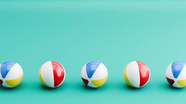 Seamless 3D Animation of Beach Balls Rolling on Blue Background Loop 