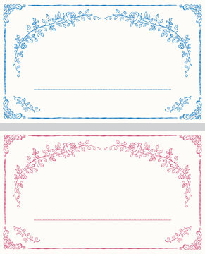 Elegant vintage floral guest card and place card template collection featuring delicate rose vines, ornamental corner flourishes, and decorative borders or weddings, bridal showers, tea parties