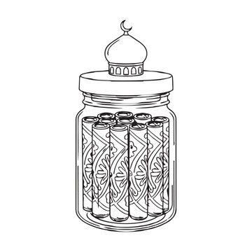 A jar filled with kue semprong, topped with a dome and crescent moon, symbolizing Islamic culture and tradition.