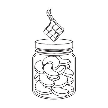 A line art jar of kue putri salju represents traditional Indonesian cookies served during Eid. The ketupat ribbon handle symbolizes Islamic celebrations, making it perfect for Ramadan culinary concept
