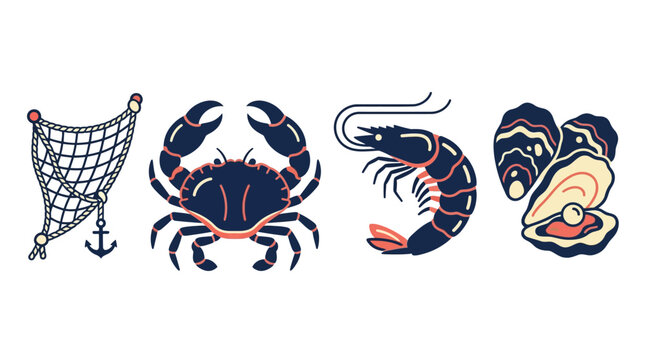 Seafood icons including crab shrimp oyster.