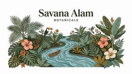 Fototapeta premium Tropical jungle river landscape with lush exotic flora and toucan bird.