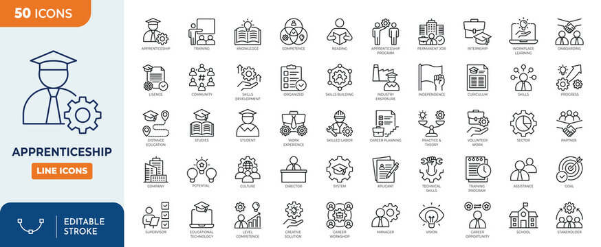 Apprenticeship icon set. Containing apprenticeship, training, learning, education, skill, competence, internship, and more. Editable stroke. Vector illustration