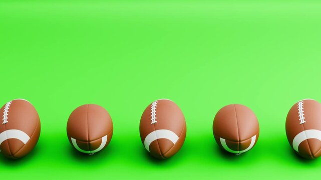 Seamless 3D Animation of American Football Balls Rolling on Green Background Loop 