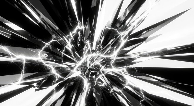 Abstract monochrome crystal shards exploding with electrical energy sparks