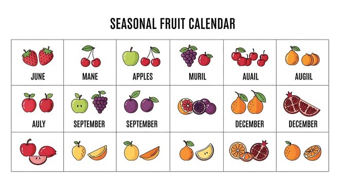 Seasonal fruit availability calendar with icons.
