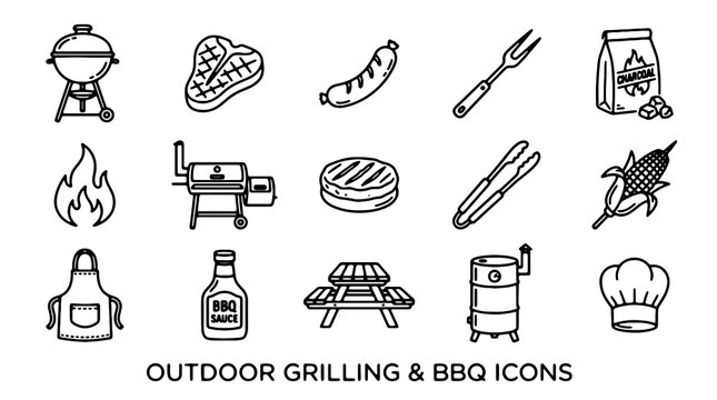 Outdoor Grilling, BBQ Icons, Black Line Art, 16 Vector Graphics