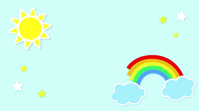 Abstract banner with copy space. Rainbow background with animated fluffy cloud, bright sun and stars, glowing dotted lines, shapes and flashing stars. Flat design. 4k animated background design with g