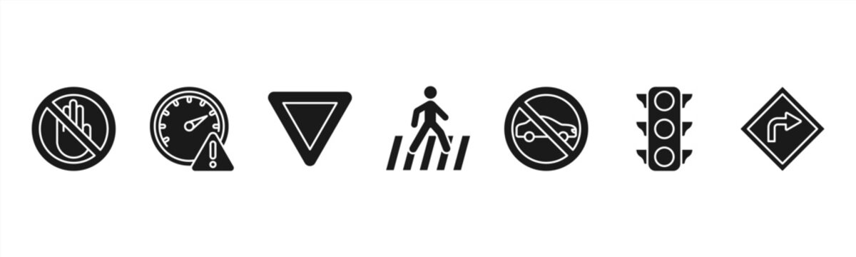 Transportation sign icons featuring Stop Sign, Speed Limit, Yield, Pedestrian Crossing, No Parking, Traffic Light, Detour.