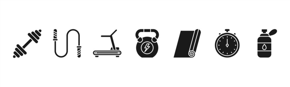 Fitness activity icons featuring Dumbbell, Jump Rope, Treadmill, Kettlebell, Yoga Mat, Stopwatch, Water Bottle.
