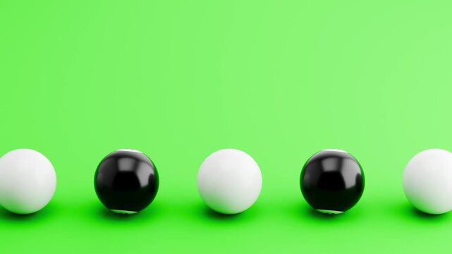 Seamless 3D Animation of Black and White Pool Balls Rolling on Green Background Loop 