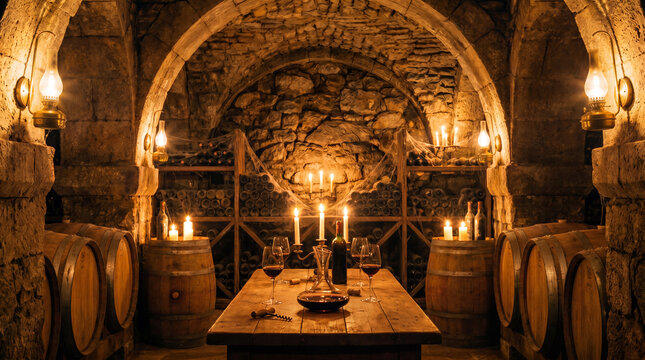 Atmospheric private wine cellar with barrels and bottles