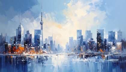 Naklejka premium Misty cobalt waterfront skyline with glowing impasto reflections.